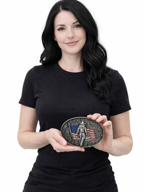 Western Cowgirl USA Flag Belt Buckle Silver Tone Engraved Floral New